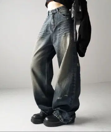 Y2K 빈티지 데미지 와이드 데님