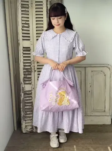 익명 배송 시마미사 깅엄 체크 원피스 보라색 라벤더 M
