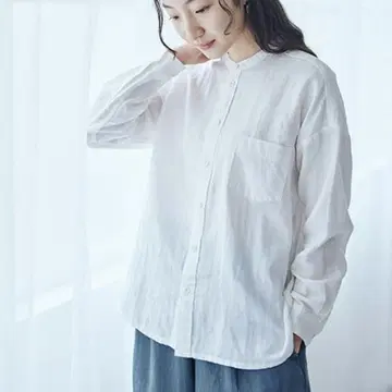 나카가와 마사시치 상점 면 린넨 거즈 휴일 셔츠 밴드 카라 화이트 노카라
