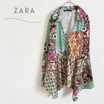 자라 ZARA 긴팔 셔츠 V넥 올 패턴 패치워크 산뜻하고 매끄러운