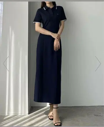 네이비 반팔 피케 셔츠 스타일 롱 원피스