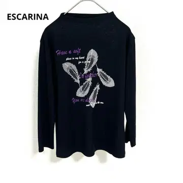 ESCARINA 레이온 혼방 7부 소매 티셔츠 블랙 모크넥