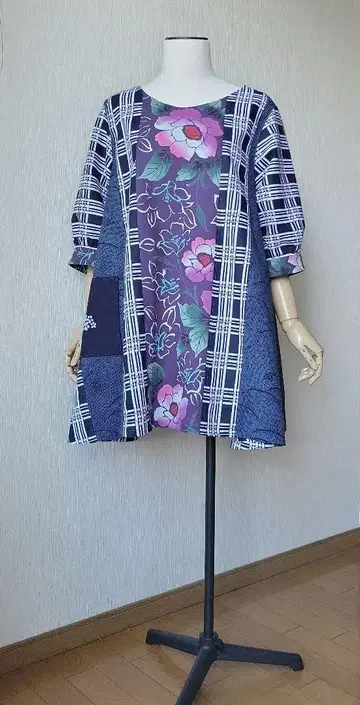 기모노 리메이크 유카타 원단 A 라인 튜닉 (꽃)
