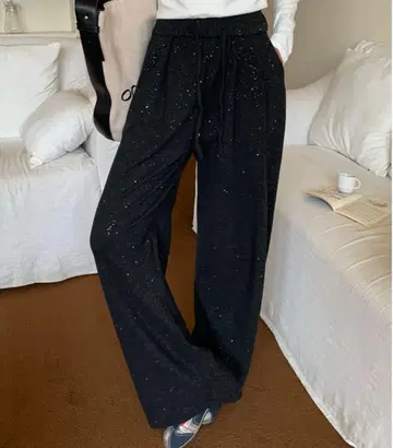 라메 믹스 블랙 와이드 팬츠