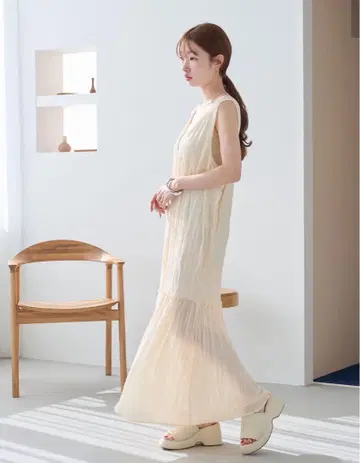 [WEB 한정판/작은 키 사이즈] 와셔 쉬폰 무지 민소매 원피스