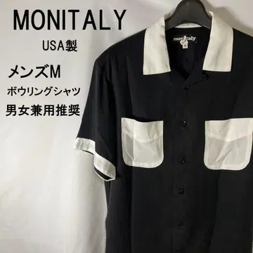 볼링 셔츠] 모니터리 오픈 카라 화이트 블랙 셔츠 남성용 M