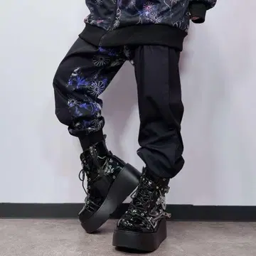 NieR UNISEX 블로킹 사루엘 팬츠 [일본풍 패턴 구오 (보라색)]