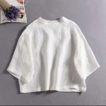 린넨 100% 드롭 슬리브 7부 소매 블라우스 루즈핏 화이트