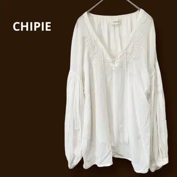 CHIPIE 긴팔 자수 블라우스 레이스업 댓글 혼합 화이트 세탁 가능