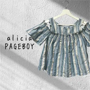 alicia PAGEBOY 스트라이프 오프숄더 반팔 상의 블루