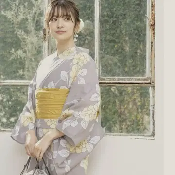 유카타만 그레이 원단에 옐로우 컬러 꽃 무늬 미사용 새상품