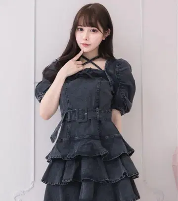 pium 티어드 프릴 미니 원피스 다크 데님