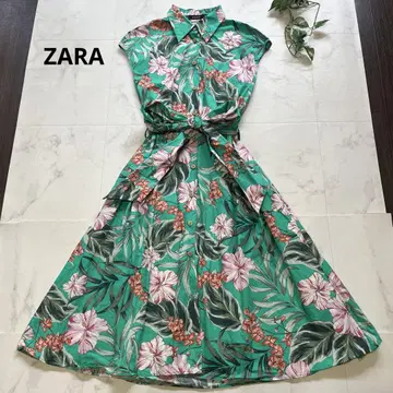 새상품급 ZARA 보타니컬 셔츠 원피스 사이즈 S 허리 리본 그린