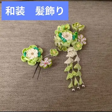 일본 의류 머리 장식 그린 컬러 꽃 모티브