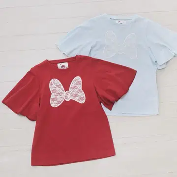 Areeam 미니 플레어 슬리브 레이스 리본 티셔츠 레드