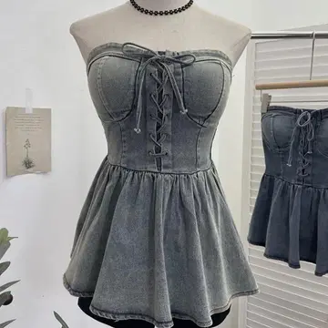 레어 그런지 빈티지 스타일 얇은 그레이 데님 베어 탑 y2k 페플럼