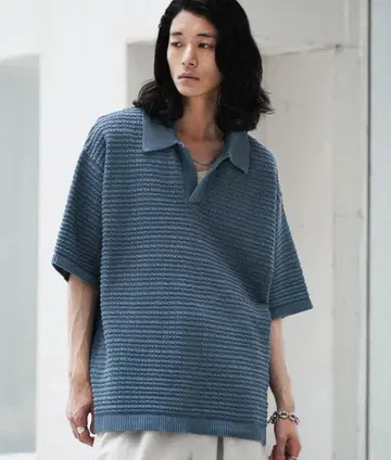 TUCK SKIPPER KNIT POLO L 사이즈 그레이리쉬 블루