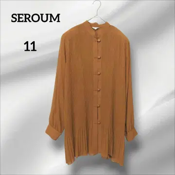 미사용 새상품 SEROUM 블라우스 오렌지 플리츠 긴팔 셔츠 프릴 11