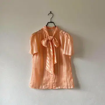 구제 의류 보타이 블라우스 시어 새틴 퍼프 슬리브 레트로 포멀 리본