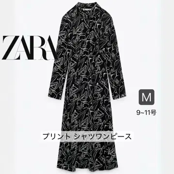 ZARA 셔츠 원피스 M 모노톤 플라워 프린트 블랙