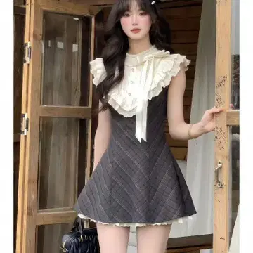 프릴 옷깃 체크 무늬 미니 원피스 LT75
