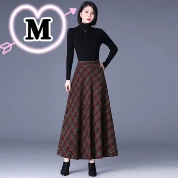 와인 레드 롱 플레어 스커트 M 사이즈 레트로 A 라인 체크