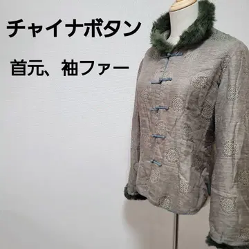 차이나복 올 패턴 버튼 그린 광택 퍼 자켓