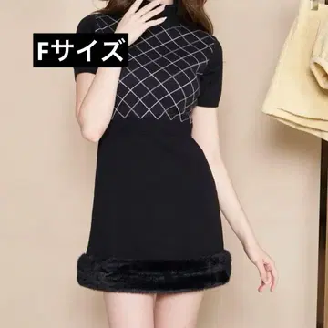 Darich 체크 퍼 니트 미니 원피스 BLK 블랙