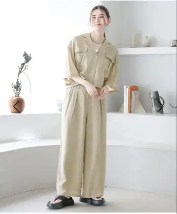 LEPSIM 셋업 오픈 카라 숏 셔츠 2턱 스트레이트 와이드 팬츠