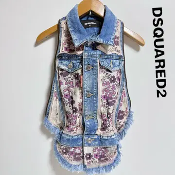 레어 DSQUARED2 데님 베스트 꽃무늬 가죽 트림 36