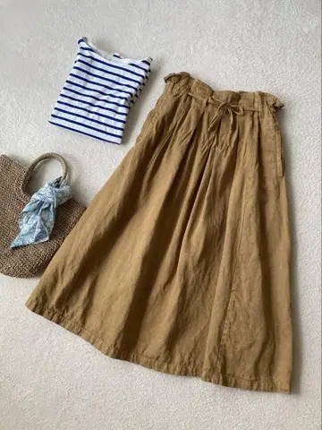 tumugu 츠무구 허리 귀여운 린넨 100% 카멜 롱 스커트