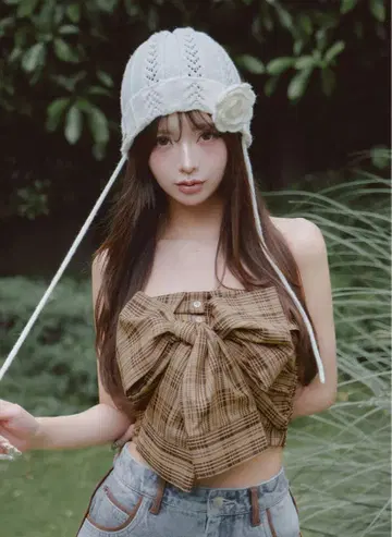 다리치 타탄 체크 리본 베어 탑 브라운 [미사용 새상품]