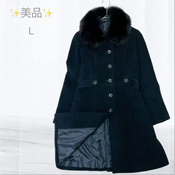 피코트 롱 코트 양모 혼방 퍼 부착 탈부착 가능 L 사이즈 블랙