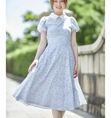 토코 플라워 컷워크 자수 카라 부착 벌룬 슬리브 시어 플라워 원피스