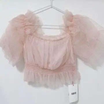 FURFUR 핑크 도트 튤 퍼프 슬리브 블라우스
