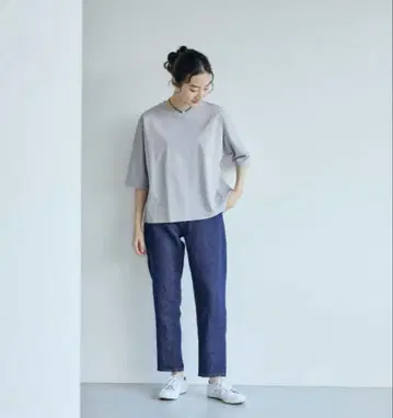 나카가와 마사시치 상점 강선 면 풀오버 7부 소매 밝은 그레이