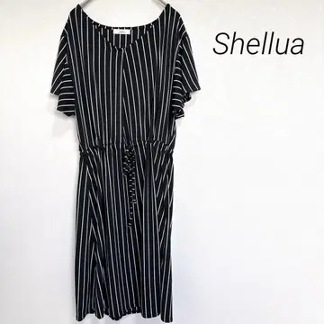 Shellua 스트라이프 원피스 허리 밴딩 소매 프릴 리본 무릎 기장