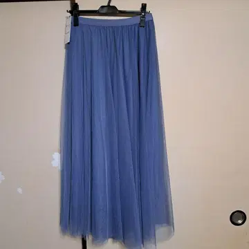 블루 얇은 명주 그물 롱 플레어 스커트