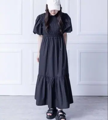 clear 클리어 프론트 셔링 플레어 롱 원피스 블랙 티어드