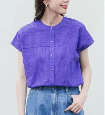 써니 라벨 밴드 카라 코튼 레이스 셔츠