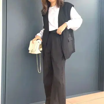 JUNOAH 주노아 오버 사이즈 베스트 + 아지메 벨트 팬츠 셋업 블랙