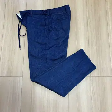 미사용 새상품 오리히카 네이비 체크 무늬 슬랙스 허리밴딩