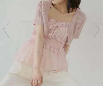 핑크 프릴 리본 반팔 상의 chiko