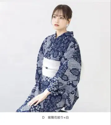 남색 꽃무늬 유카타, 프리 사이즈, 오비 포함