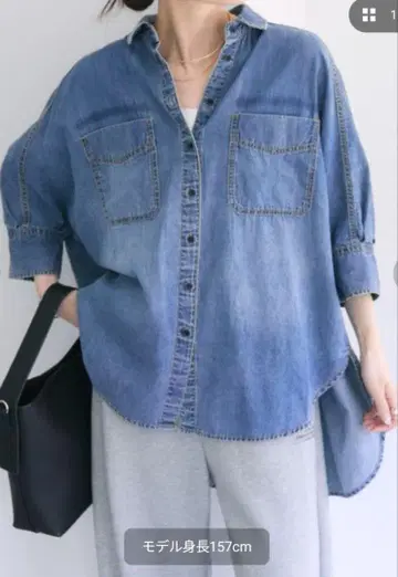 PUAL CE CIN 면 린넨 데님 하프 슬리브 블라우스