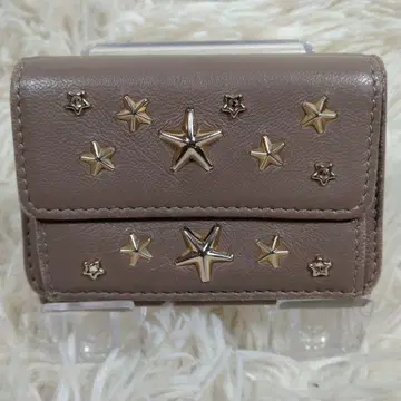JIMMYCHOO 가죽 접이식 지갑 미니 지갑 스타 스터드 베이지