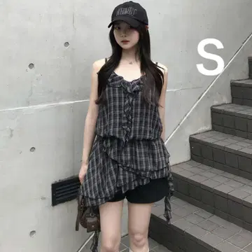 블랙 체크 프릴 아지메 미니 원피스 S 튜닉 블랙 emmy