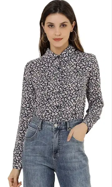 Allegra K 꽃무늬 셔츠 미니 꽃무늬 블라우스 긴팔 네이비