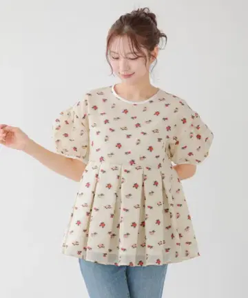 시어 자카드 꽃무늬 파이핑 탑