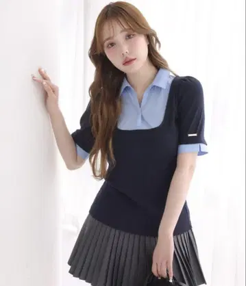 NICE CLAUP 티셔츠 셔츠 도킹 레이어드 상의 네이비